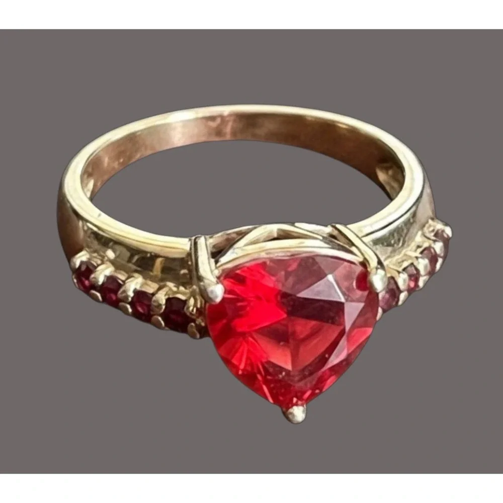 14K GOLD PLATED Sterling Silver Ring LAB CREATED RUBY Trillion w/Side Stones 8